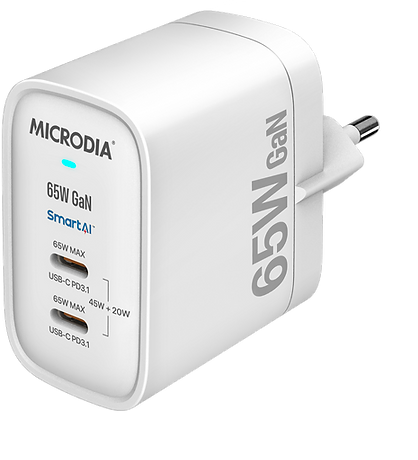 מטען קיר מהיר Microdia Smart Cube Nano 65W Gan Dual USB-C - צבע לבן