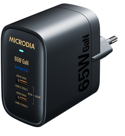 מטען קיר מהיר Microdia Smart Cube Nano 65W Gan Dual USB-C - צבע שחור