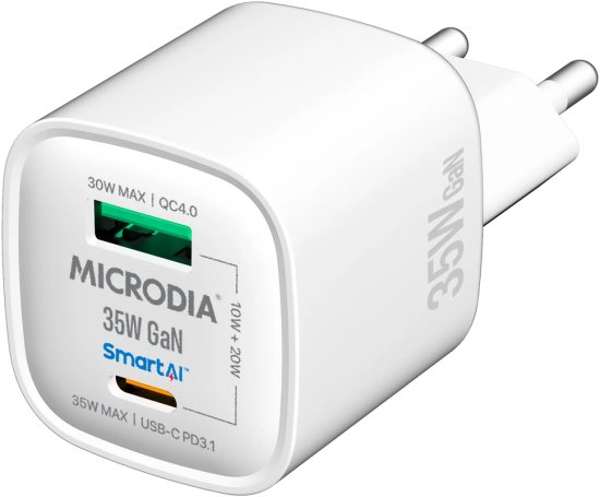 מטען קיר Microdia Smart Cube Nano 35W Gan USB-C/USB-A - צבע לבן