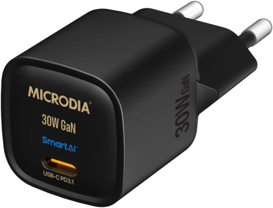 מטען קיר Microdia Smart Cube Nano 30W Gan USB-C/USB-A - צבע שחור