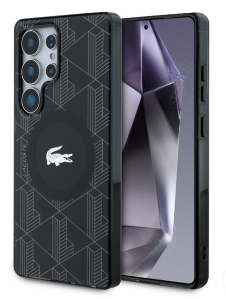 כיסוי מאגסייף גלאקסי S25 ULTRA מונוגרמה כסופה לוגו תנין שחור LACOSTE