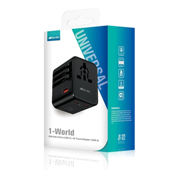 ראשן מטען 25W שחור עם 2 יציאות USB-C יציאת USB-A ומתאמים אוניברסליים  Nordic JY 312