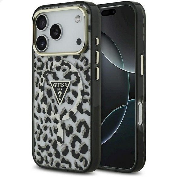 Guess Leopard Glitter MagSafe case for iPhone 17 black