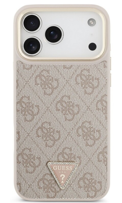 GUESS Case Apple iPhone 17 Pro Max, PU Leather 4G Triangle Logo Gold Frame MagSafe, pink