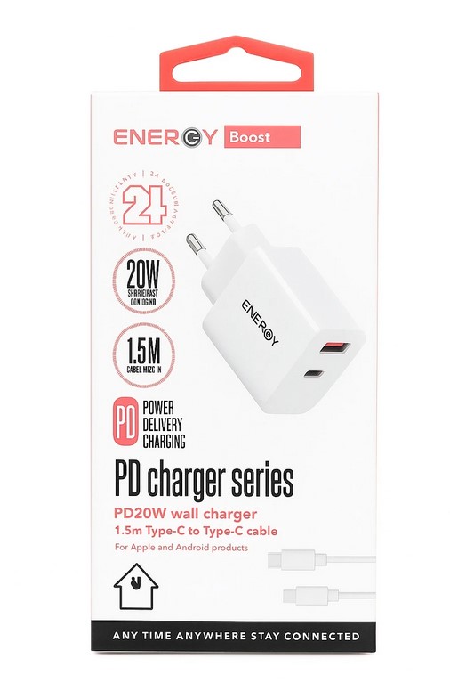מטען קיר מהיר Energy PD20W עם כבל Type-C באורך 1.5 מטר