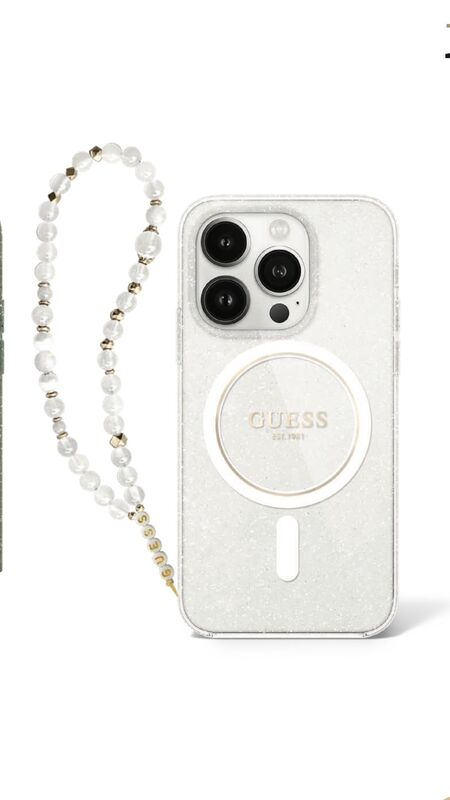 מגן IPH 16 GUESS Glitter Magsafe & Beads Strap White