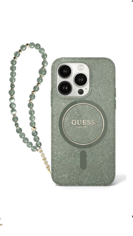 מגן IPH 16Pro GUESS Glitter Magsafe & Beads Strap Green