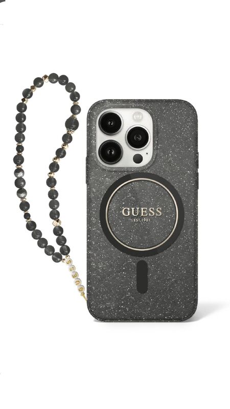 מגן  IPH 16 GUESS Glitter Magsafe & Beads Strap Black